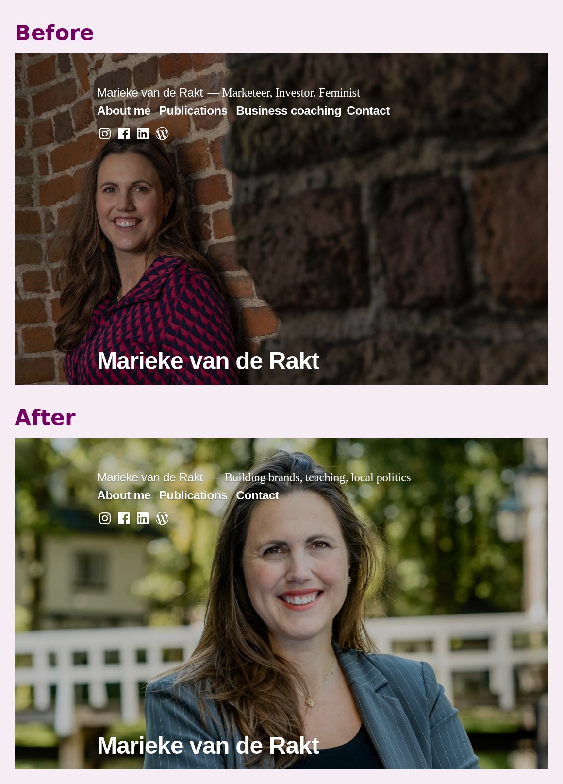 The top of my homepage before and after the update: old photo, old tagline and a coaching page in the menu, then the new version